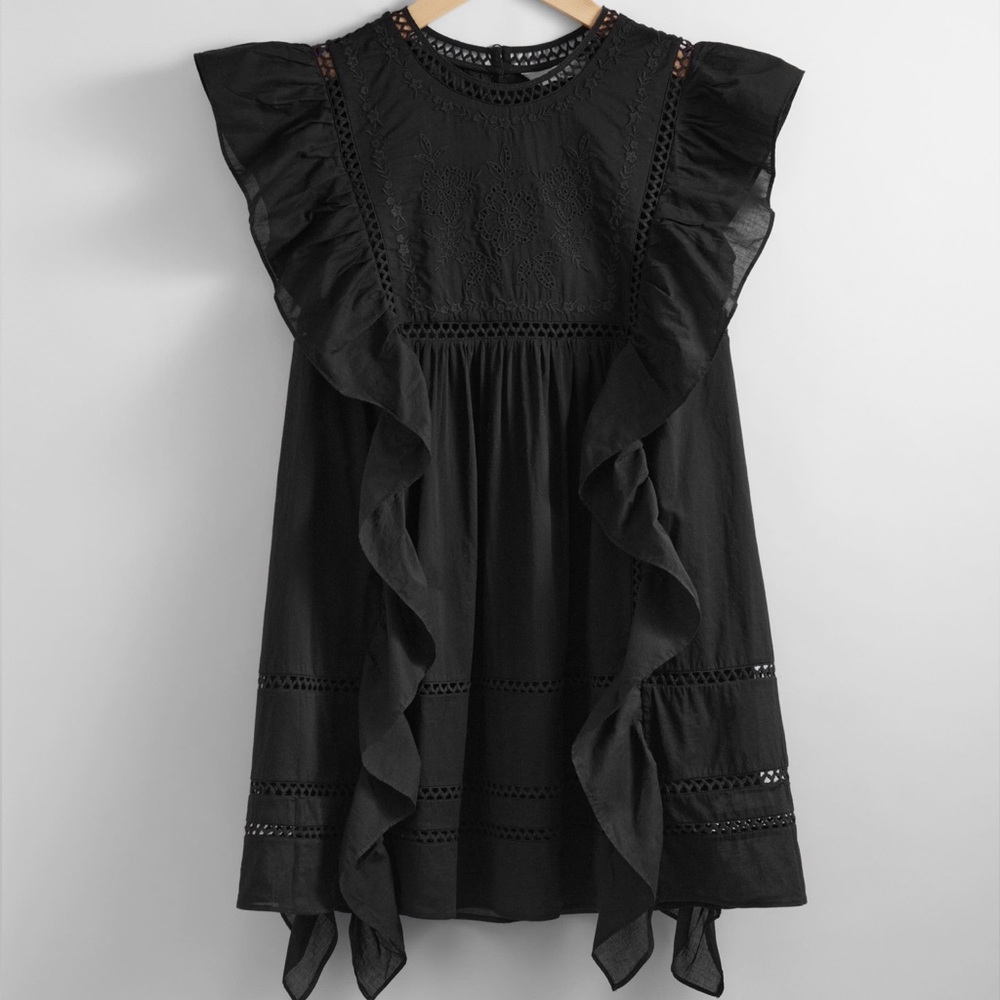 & Other Stories Black Embroidered Ruffle Lace Mini Dress Size 12